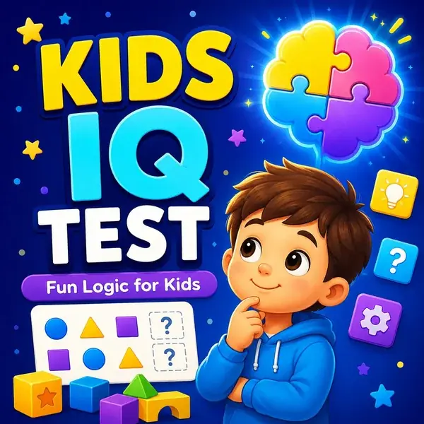 Illustration of a child solving logic puzzles in a kids IQ test