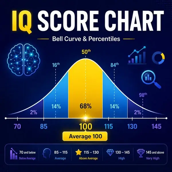 IQ score chart with a bell curve from 70 to 145 and percentile markers