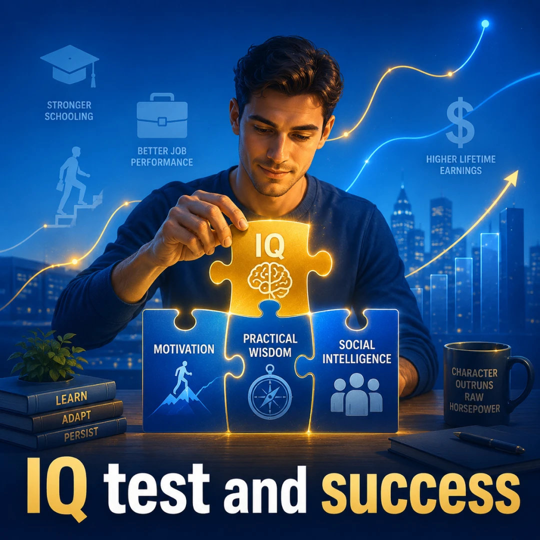 IQ test and success: a climbing line chart suggesting the link between cognitive ability and achievement