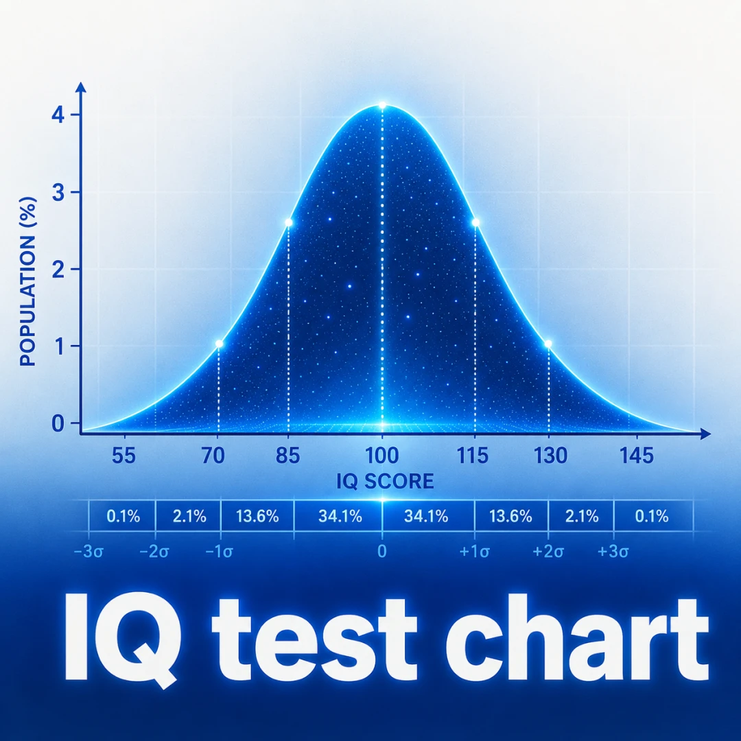 IQ test chart: the bell curve showing how IQ scores spread around an average of 100